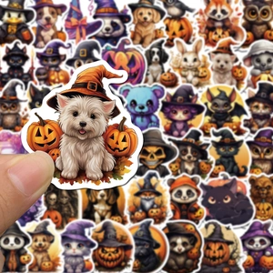 Close-up of waterproof Halloween animal stickers featuring a cute dog in a wizard hat