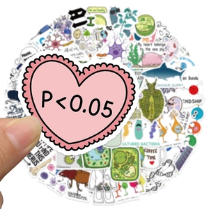 Close-up of biology stickers featuring DNA, neurons, and P < 0.05 heart pattern for notebooks