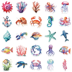 50pcs watercolor ocean life stickers set with cute sea turtles, fish, and dolphins
