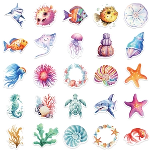 50pcs watercolor ocean stickers set with sea turtles fish and starfish for luggage