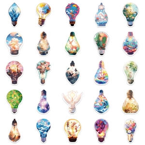 Creative light bulb shaped stickers featuring diverse artistic themes like space and nature