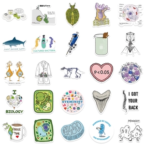 Macro view of 25 biology stickers with cell structures and STEM themes for laptops
