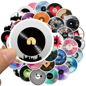 Close-up of waterproof PVC vinyl record stickers featuring creative urban and artistic patterns