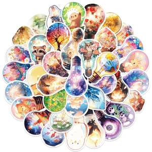 Close-up of waterproof cartoon bulb stickers with animals and landscapes for DIY decor