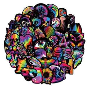 Detailed stack of holographic neon stickers featuring animals and abstract art patterns