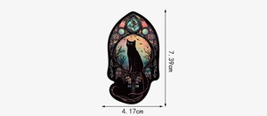 Stained glass gothic cat sticker with 7.39cm height and 4.17cm width dimensions