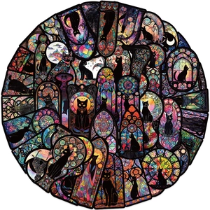 Close-up of 50 gothic dark cat stickers with stained glass patterns for laptop and skateboards