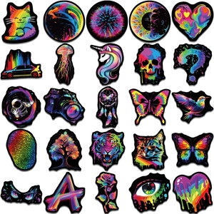 Set of 50 holographic neon graffiti stickers with cat, astronaut, and unicorn designs