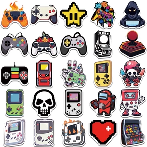 Macro display of assorted retro game controller stickers and pixelated arcade designs