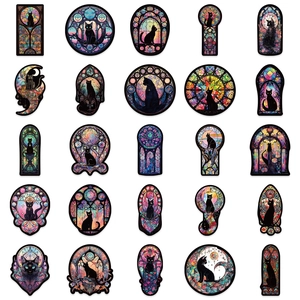 Set of 50 dark gothic black cat stickers with colorful medieval stained glass art style