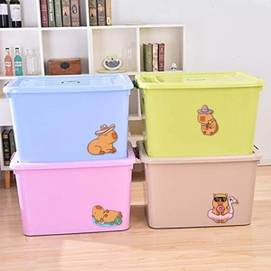 Stack of colorful plastic storage boxes featuring cute cartoon capybara animal stickers