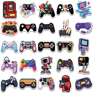 Flat lay of 25 unique retro game controller stickers with colorful graffiti gaming patterns