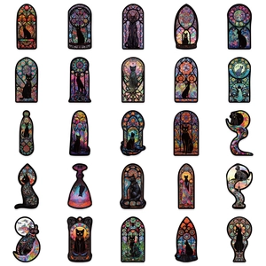 50 Gothic dark black cat graffiti stickers with stained glass patterns for laptop and luggage