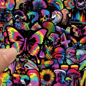 Detailed view of colorful waterproof PVC graffiti stickers featuring psychedelic butterfly art