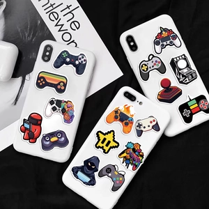 Retro game controller doodle stickers on white phone cases with stylish background