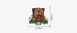 Detailed view of fairy tale tree stump sticker showing dimensions 5.75cm x 5.35cm