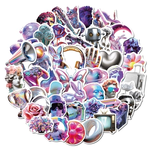 Close-up of holographic acid vaporwave stickers with retro art patterns for laptops