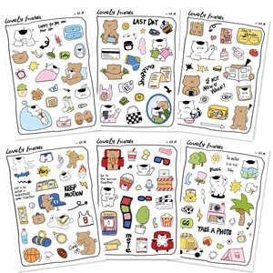 Detailed view of 6 sheets of Lovely Friends series bear and cat stickers for DIY journals