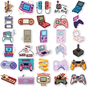 Flat lay of colorful retro game controller stickers featuring classic consoles and icons