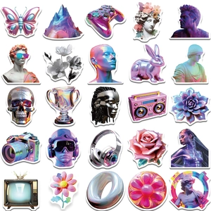 Vaporwave holographic stickers set with butterfly, statue, and retro camera designs