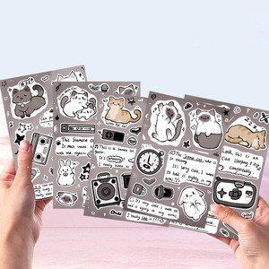 Cartoon Siamese cat sticker set featuring vintage radio and clock designs on matte paper