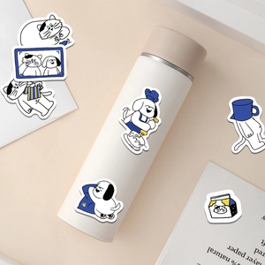 Bouteille isotherme beige minimaliste avec autocollants mignons de chat et chien étanches