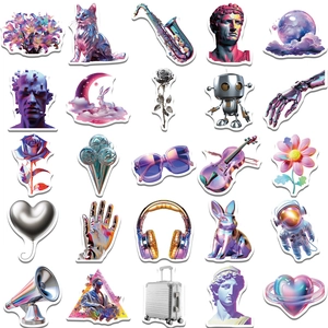 50pcs Holographic Vaporwave Stickers with Retro Art Designs for Suitcases and Helmets
