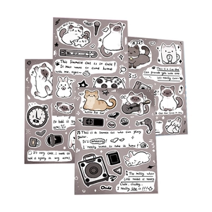 Set of four cute cartoon Siamese cat stickers featuring life elements and soft grey tones