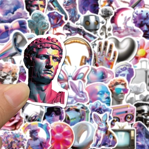 Vaporwave aesthetic stickers set featuring cyberpunk art sculptures for laptops and luggage