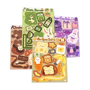 Dettaglio di 4 fogli di adesivi per orsi e conigli cartoon in temi matcha, magia e cioccolato