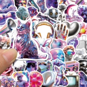 Close-up of holographic vaporwave art stickers with retro sculpture and cat designs