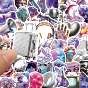 Close-up of waterproof cyberpunk aesthetic sticker showing detailed silver suitcase texture