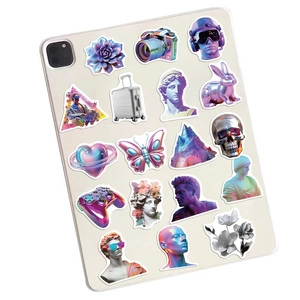 Detailed holographic stickers with 17 vaporwave designs on a white tablet surface