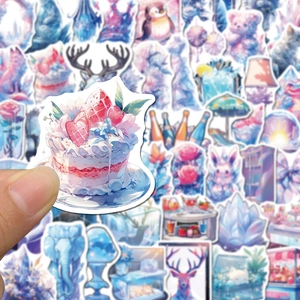 Detail view of artistic watercolor snow world stickers for DIY laptop and phone cases decor