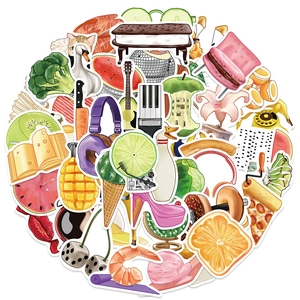 Creative waterproof stickers featuring food and lifestyle illustrations for luggage and helmets