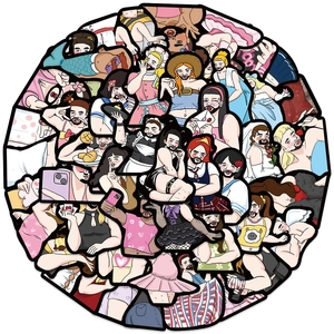Flat lay of waterproof funny mustache character stickers for scrapbooking and laptops