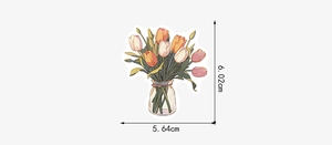 Detail showing cartoon tulip flower vase sticker with precise dimensions 6.02cm x 5.64cm