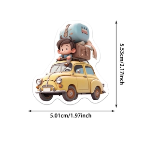 Detail of travel car sticker showing 5.53cm height and 5.01cm width dimensions
