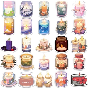 Close-up of 25 waterproof PVC aromatherapy candle stickers with aesthetic illustrations