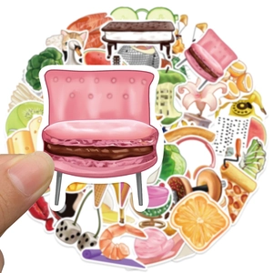 Detail view of various colorful creative waterproof stickers for suitcases and laptops