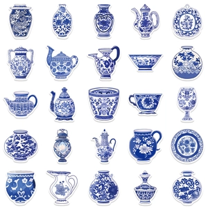 Pack of 50 blue and white porcelain stickers with traditional Chinese art for scrapbooking