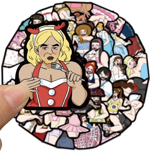 Close-up of funny waterproof PVC stickers featuring creative bearded man cartoon characters