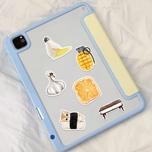Detail of creative waterproof stickers featuring surreal illustrations on a tablet case