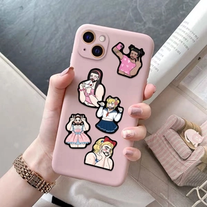 Funny stickers on a pink iPhone case showing quirky bearded man in various outfits