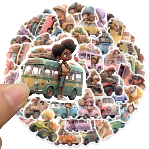 Close-up of 3D waterproof camping stickers featuring cute cartoon campers and travel vans