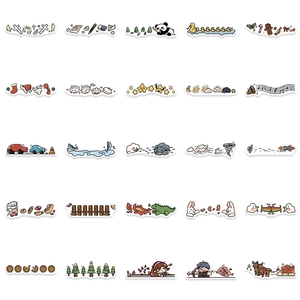 Detailed grid of 50 colorful cartoon planner stickers featuring animals and nature motifs