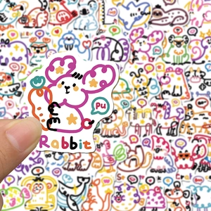 Close-up of a colorful rabbit sticker from a 50-piece animal graffiti set for kids DIY
