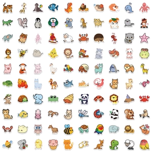Collection of 100 cute cartoon animal stickers with white borders in a grid layout