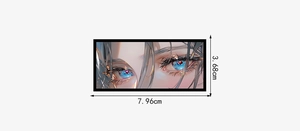 Macro view of rectangular anime eye sticker with precise 7.96cm by 3.68cm dimensions