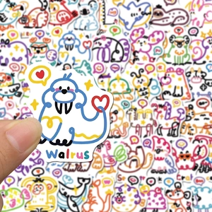 Close-up of colorful cartoon walrus sticker from a set of 50 doodle animal decals